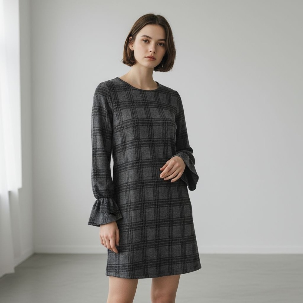 Everly Gray Check Plaid Long‎ Sleeve Shift Dress S Fall Winter Office Chic USA